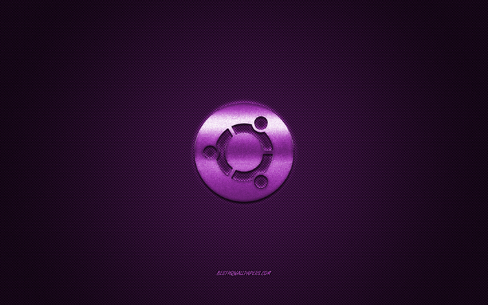 Ubuntu logotipo, p&#250;rpura brillante logotipo de Ubuntu, emblema de metal, fondo de pantalla para Ubuntu dispositivos, p&#250;rpura textura de fibra de carbono, Linux, marcas, arte creativo