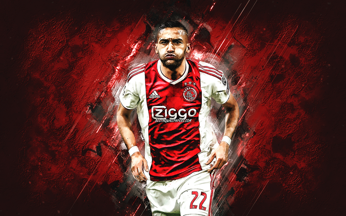 Hakim Ziyech, Moroccan jogador de futebol, O AFC Ajax, retrato, pedra vermelha de fundo, futebol
