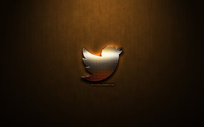 Twitter glitter logo, creative, bronze metal background, Twitter logo, brands, Twitter