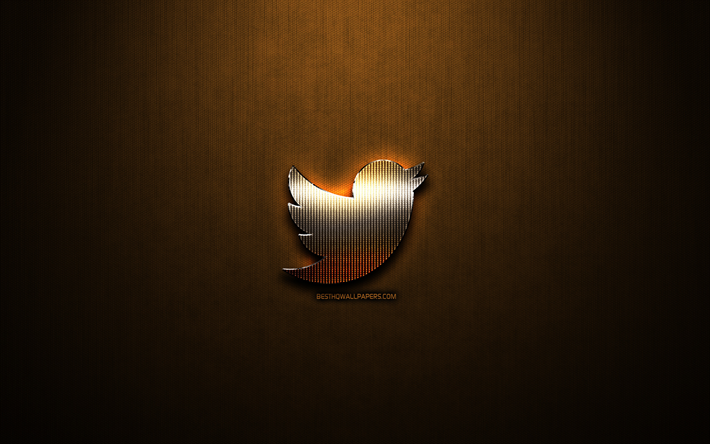 Twitter glitter logo, creative, bronze metal background, Twitter logo, brands, Twitter