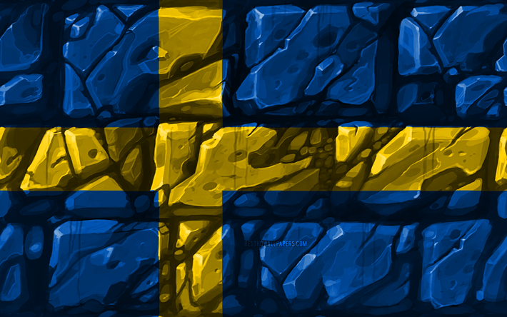 Bandiera svedese, brickwall, 4k, i paesi Europei, simboli nazionali, Bandiera della Svezia, creativo, Svezia, Europa, Svezia 3D bandiera