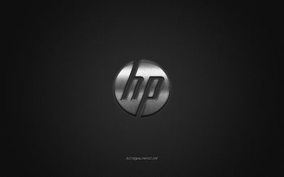 HP logo, silver shiny logo, HP metal emblem, Hewlett-Packard, wallpaper for HP devices, gray carbon fiber texture, HP, brands, creative art