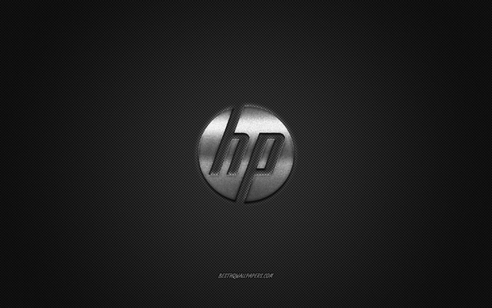 Logotipo de HP, plata brillante logotipo de HP emblema de metal, Hewlett-Packard, fondo de pantalla para los dispositivos de HP, color gris textura de fibra de carbono, HP, marcas, arte creativo