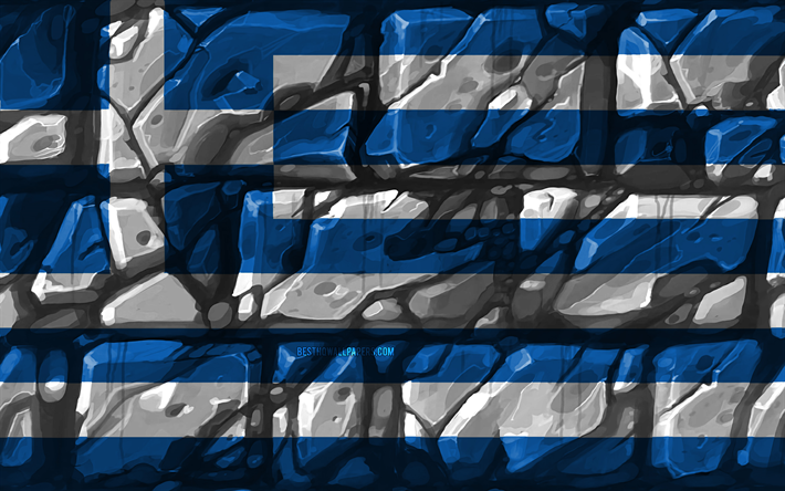 Yunan bayrağı, brickwall, 4k, Avrupa &#252;lkeleri, ulusal semboller, Yunanistan, yaratıcı, Avrupa, Yunanistan Bayrağı 3D bayrak