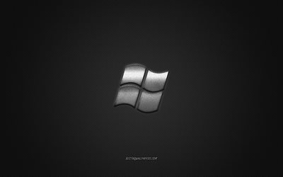 Windows logo, silver shiny logo, Windows metal emblem, wallpaper for Windows, gray carbon fiber texture, Windows, brands, creative art