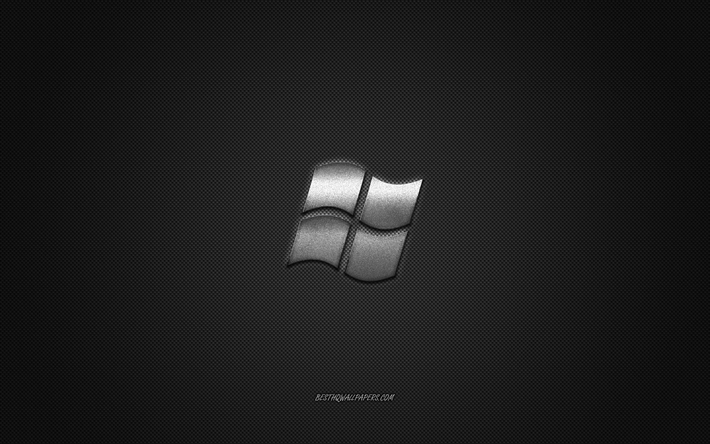 Windowsロゴ, 銀色の光沢のあるロゴ, Windowsメタルエンブレム, 壁紙Windows, グレーの炭素繊維の質感, Windows, ブランド, 【クリエイティブ-アート