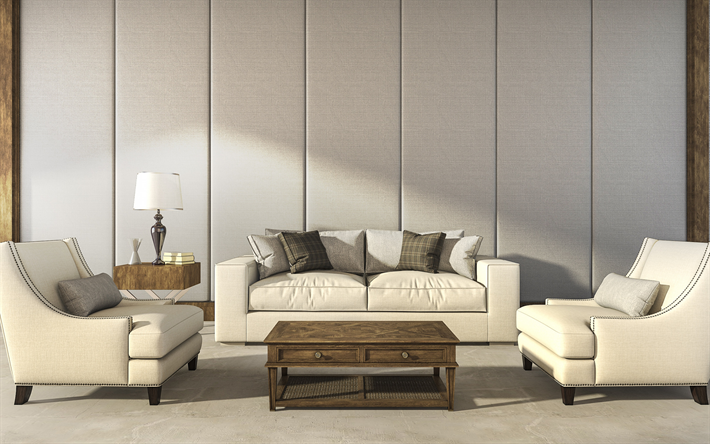 stylish interior, living room, classic style, beige leather sofa, textiles on the walls, retro style interior