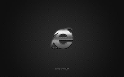 Internet Explorer logo, silver shiny logo, Internet Explorer metal emblem, wallpaper for Internet Explorer, gray carbon fiber texture, Internet Explorer, brands, creative art