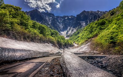 Monte Tanigawa, paesaggio di montagna, rocce, foresta, estate, montagne Giapponesi, strada di montagna, Giappone, Niigata, Minakami