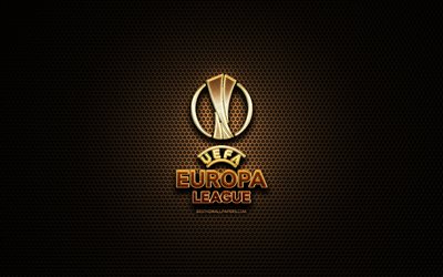 UEFA Europa League glitter logo, football leagues, creative, metal grid background, UEFA Europa League logo, english football league, brands, UEFA Europa League