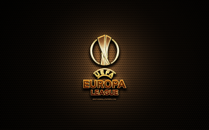 UEFA Europa League logo glitter, jalkapallo liigoja, luova, metalli ruudukon tausta, UEFA Europa League-logo, englannin football league, merkkej&#228;, UEFA Europa League