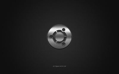 Ubuntu logo, silver shiny logo, Ubuntu metal emblem, wallpaper for Ubuntu, gray carbon fiber texture, Ubuntu, Linux, brands, creative art