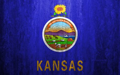BİZİ Kansas bayrağı, 4k, taş arka plan, Amerikan devleti, grunge bayrak, bayrak, Kansas, USA grunge sanat, bayraklar Devletleri