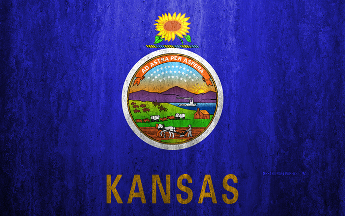 Flag of Kansas, 4k, stone background, American state, grunge flag, Kansas drapeau, etats-UNIS, de grunge, de l&#39;art, Kansas, flags of US states