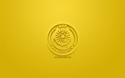 Kazakhstan &#233;quipe nationale de football, cr&#233;atrice du logo 3D, fond jaune, 3d embl&#232;me, le Kazakhstan, l&#39;Europe, l&#39;UEFA, art 3d, le football, l&#39;&#233;l&#233;gant logo 3d