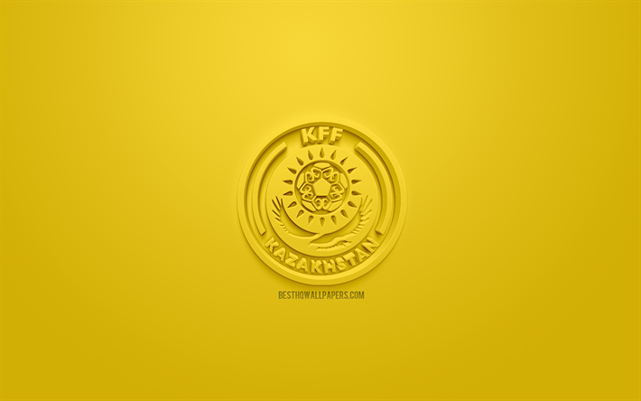 Kazakhstan national football team, creative 3D logo, yellow background, 3d emblem, Kazakhstan, Europe, UEFA, 3d art, football, stylish 3d logo