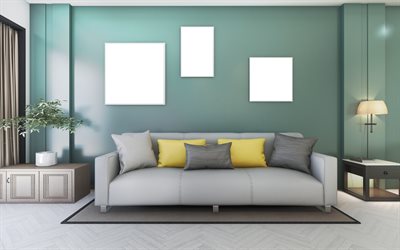 olohuone, moderni sisustus, tyylik&#228;s sisustus, vihre&#228; sein&#228;t olohuoneessa, harmaa nahka sohva, minimalismi sisustus