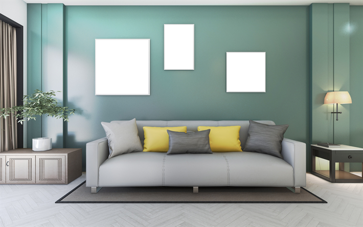 living room, modern interior design, stylish interior design, green walls in the living room, gray leather sofa, minimalism in the interior