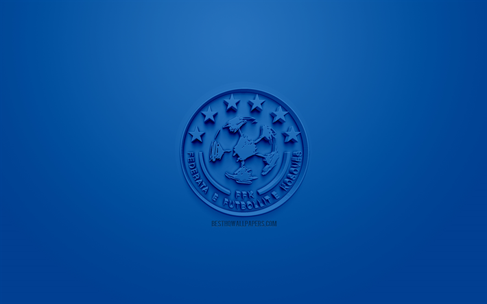 Kosovo national football team, creative 3D logo, blue background, 3d emblem, Kosovo, Europe, UEFA, 3d art, football, stylish 3d logo