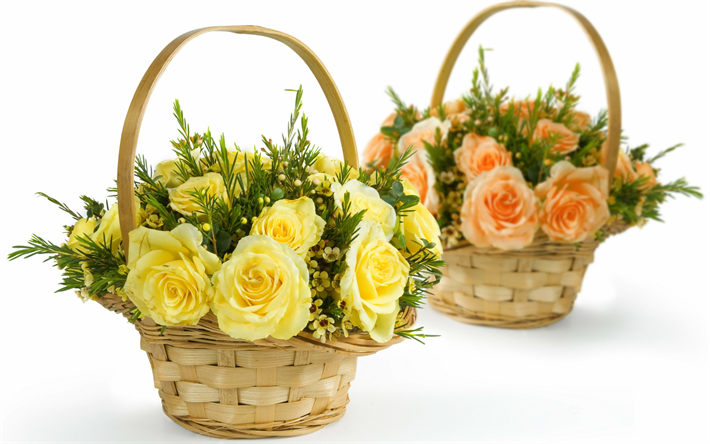 cestas de rosas, de rosas amarillas, cestas con flores, naranja rosas, hermosas flores, rosas