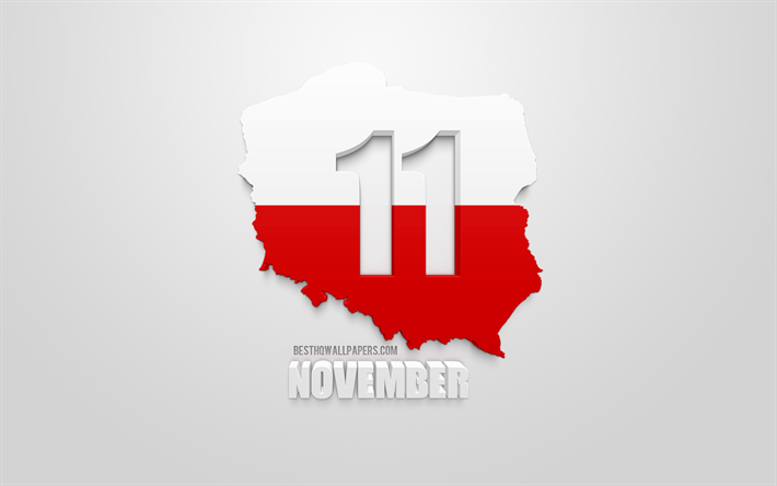 Polonia il Giorno dell&#39;Indipendenza, 11 novembre, giorno di festa nazionale in Polonia, Giorno dell&#39;Indipendenza Nazionale, Polonia, mappa, silhouette, 3d bandiera della Polonia