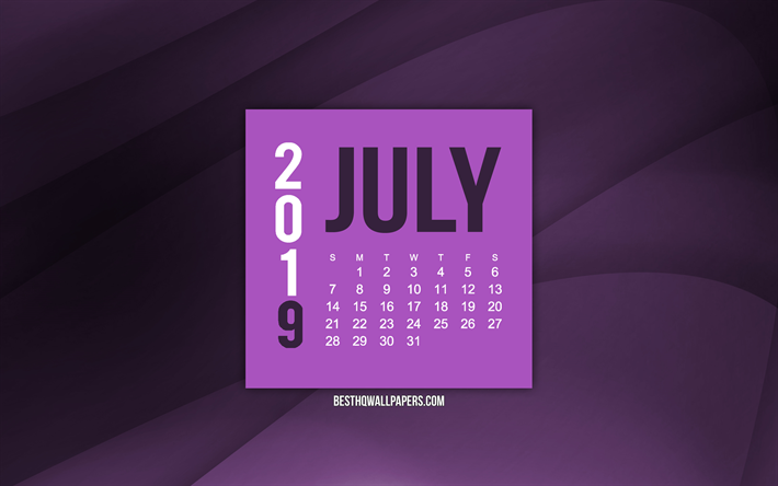 juli 2019 kalender, lila welle hintergrund, 2019 kalender, juli, 2019 konzepte, lila 2019 juli kalender
