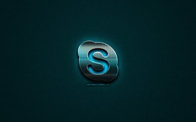 Skype glitter logotyp, kreativa, bl&#229; metall bakgrund, Skypes logotyp, varum&#228;rken, Skype