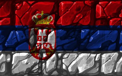 Serbian lippu, brickwall, 4k, Euroopan maissa, kansalliset symbolit, Lippu Serbia, luova, Serbia, Euroopassa, Serbian 3D flag