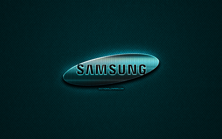 Samsung glitter logo, creative, blue metal background, Samsung logo, brands, Samsung