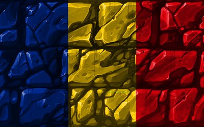 Romanian flag, brickwall, 4k, European countries, national symbols, Flag of Romania, creative, Romania, Europe, Romania 3D flag