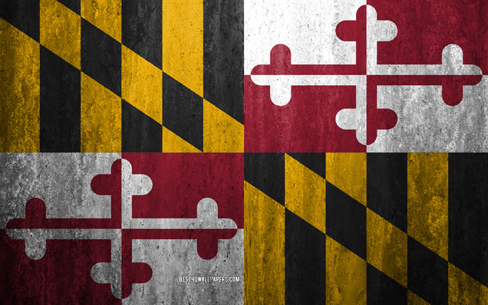 Flaggan i Maryland, 4k, sten bakgrund, Amerikanska staten, grunge flagga, Maryland flagga, USA, grunge konst, Maryland, flaggor i USA