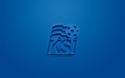 L&#39;islande &#233;quipe nationale de football, cr&#233;atrice du logo 3D, fond bleu, 3d embl&#232;me, l&#39;Islande, l&#39;Europe, l&#39;UEFA, art 3d, le football, l&#39;&#233;l&#233;gant logo 3d