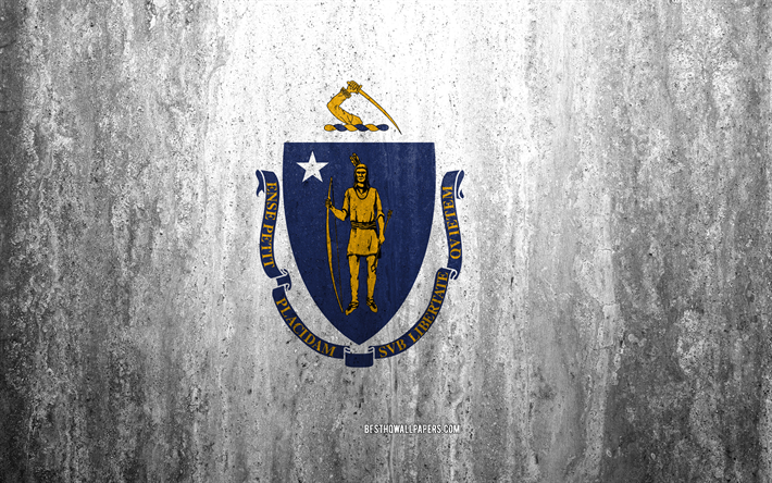 Flag of Massachusetts, 4k, stone background, American state, grunge flag, Massachusetts flag, USA, grunge art, Massachusetts, flags of US states