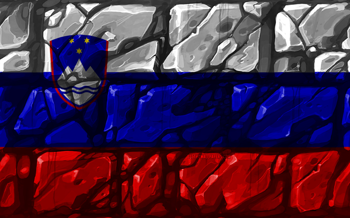 Slovenska flaggan, brickwall, 4k, Europeiska l&#228;nder, nationella symboler, Flaggan i Slovenien, kreativa, Slovenien, Europa, Slovenien 3D-flagga