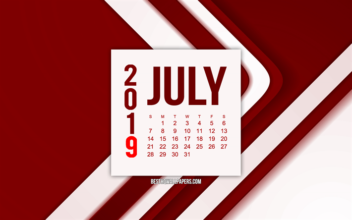 July 2019 calendar, burgundy abstract lines background, 2019 calendars, July, 2019 concepts, burgundy 2019 July calendar