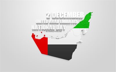 National Day, United Arab Emirates, 2 December, UAE national holidays, UAE map silhouette, 3d flag of UAE