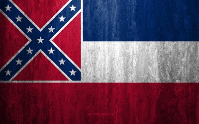 Flag of Mississippi, 4k, stone background, American state, grunge flag, Mississippi flag, USA, grunge art, Mississippi, flags of US states