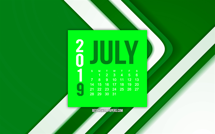 2019 juli kalender, gr&#246;n abstrakt linjer bakgrund, 2019 kalendrar, Juli, 2019 begrepp, gr&#246;na 2019 juli kalender