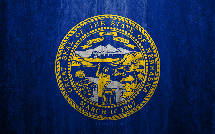 Flag of Nebraska, 4k, stone background, American state, grunge flag, Nebraska flag, USA, grunge art, Nebraska, flags of US states