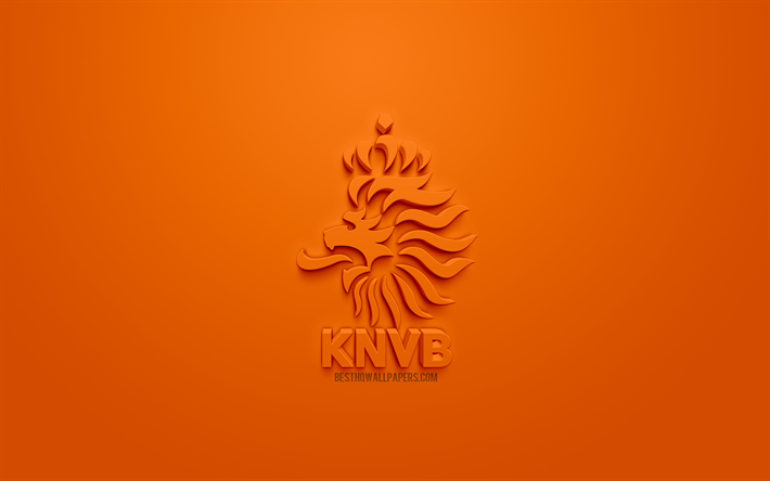 Hollanda Milli Futbol Takımı, yaratıcı 3D logo, turuncu arka plan, 3d amblem, Hollanda, Avrupa, UEFA, 3d sanat, futbol, 3d logo, Hollanda Kraliyet Futbol Federasyonu şık