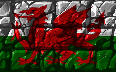 ウェールズフラグ, brickwall, 4k, 欧州諸国, 国立記号, 旗のウェールズ, 創造, ウェールズ, 欧州, ウェールズの3Dフラグ