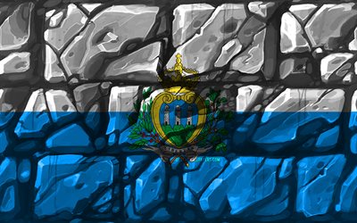 San Marinon lippu, brickwall, 4k, Euroopan maissa, kansalliset symbolit, Lippu San Marino, luova, San Marino, Euroopassa, San Marino 3D flag