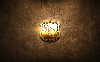 NHL golden logo, Hockey, opere d&#39;arte, National Hockey League, marrone, metallo, sfondo, creativo, NHL logo, marchi, NHL