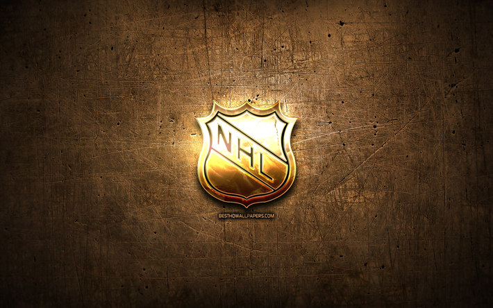 NHL ouro logotipo, Ligas de h&#243;quei, obras de arte, Liga Nacional De H&#243;quei, marrom metal de fundo, criativo, NHL logotipo, marcas, NHL