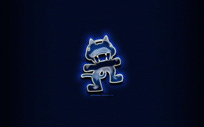 Monstercat glass logo, blue background, music stars, artwork, brands, Monstercat logo, creative, Monstercat