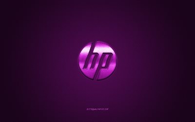 HP-logotyp, lila gl&#228;nsande logotyp, HP metall emblem, Hewlett-Packard, tapeter f&#246;r HP-enheter, lila kolfiber konsistens, HP, varum&#228;rken, kreativ konst