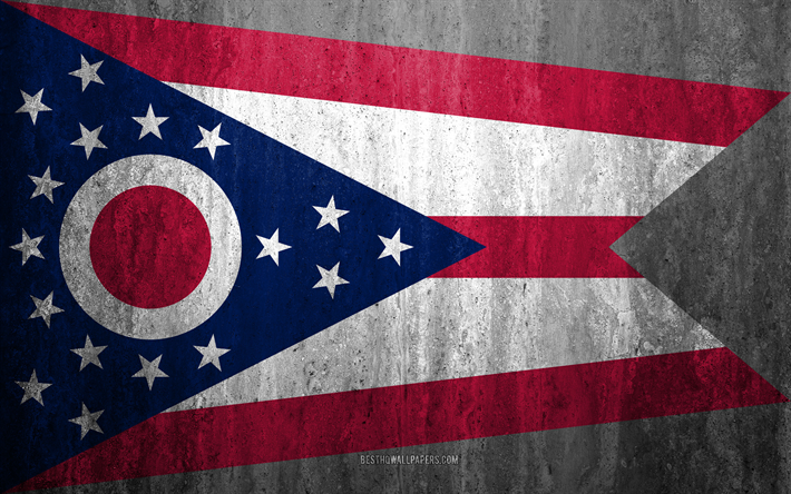 Flagga av Ohio, 4k, sten bakgrund, Amerikanska staten, grunge flagga, Ohio flagga, USA, grunge konst, Ohio, flaggor i USA