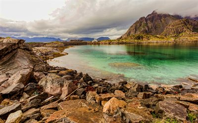 Lofoten, lago, ver&#227;o, montanhas, Noruega, Europa, bela natureza