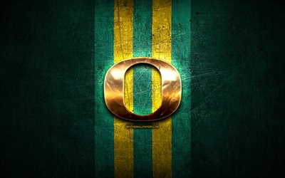 Oregon Ducks, golden logo, NCAA, green metal background, american football club, Oregon Ducks logo, american football, USA