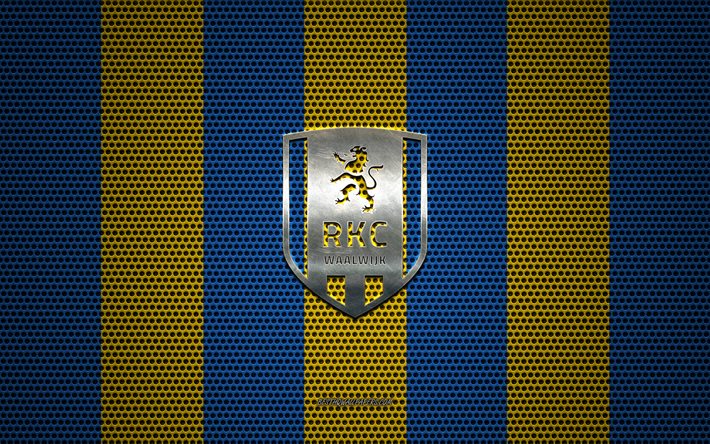 RKC Waalwijk logo, club de foot n&#233;erlandais, embl&#232;me m&#233;tallique, bleu-jaune maille en m&#233;tal d&#39;arri&#232;re-plan, RKC Waalwijk, Eredivisie, Waalwijk, pays-bas, le football